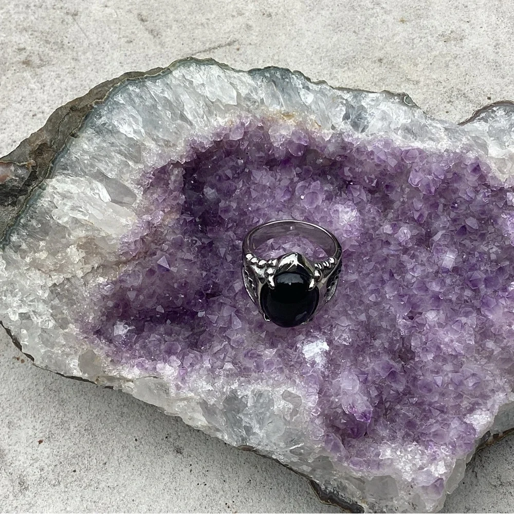 🩵NEW🩵 Stainless Steel with Black Agate Stone Ornate Ring Sz MENS 9